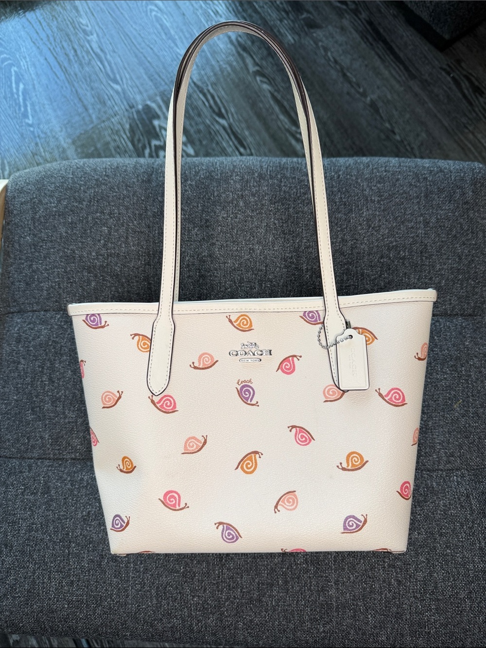 Coach Beige Leather Tote with Multicolor Snail Print